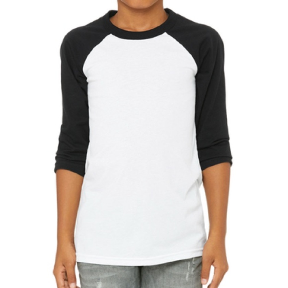 Bella + Canvas 3200Y Youth Black 3/4-Sleeve Baseball Tee, Blank Youth Shirt